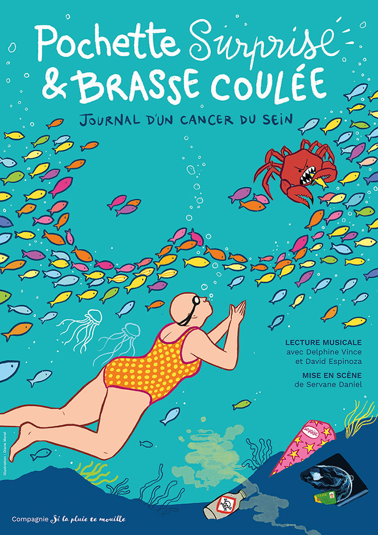 Dessin d'une femme nageant dans la mer. Des poissons forment 2 seins. Un crabe est en train de dévorer des poissons.